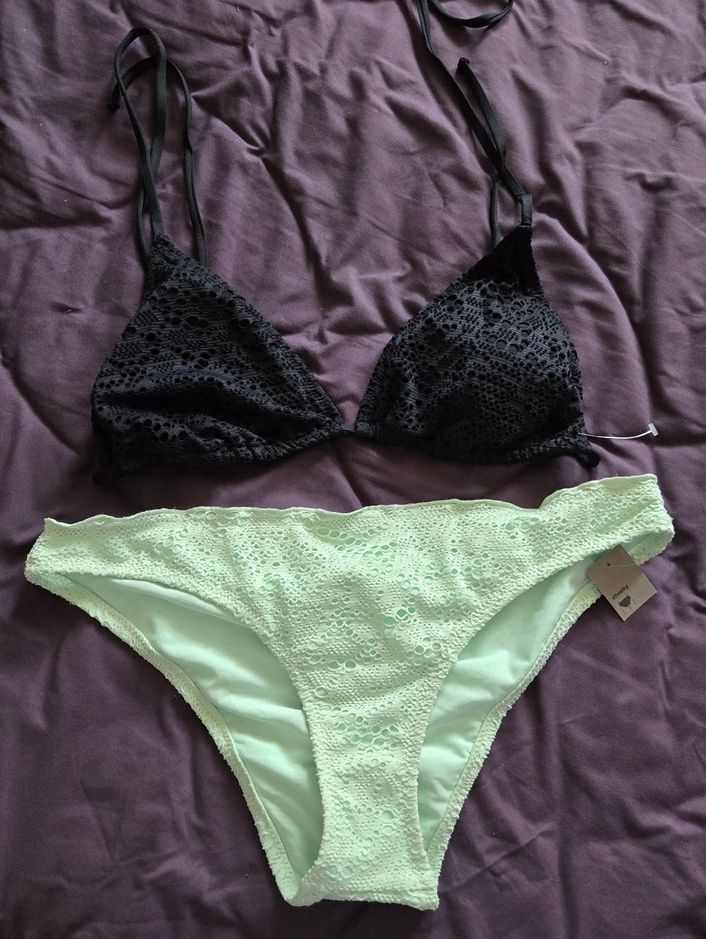 Black Crochet Lace Triangle Top & Mint Bikini Bottom Set Sz XL